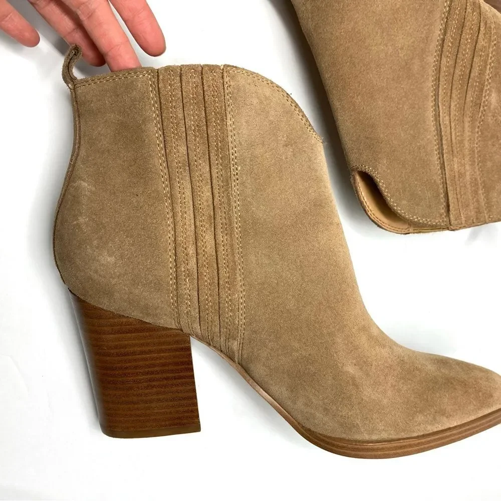 Marc Fisher Maree Suede Booties 9 Tan Ankle Western Block Heel Boots